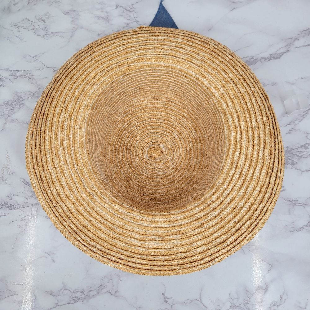 Vintage Straw Sun Hat with Blue Ribbon Bow Embroidered Flowers Cottagecore - Picture 7 of 8